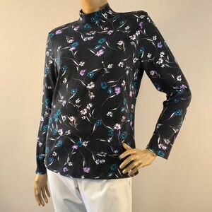 Karen Scott Top Black High Neck Long Sleeve Floral Print  Womens Sz M